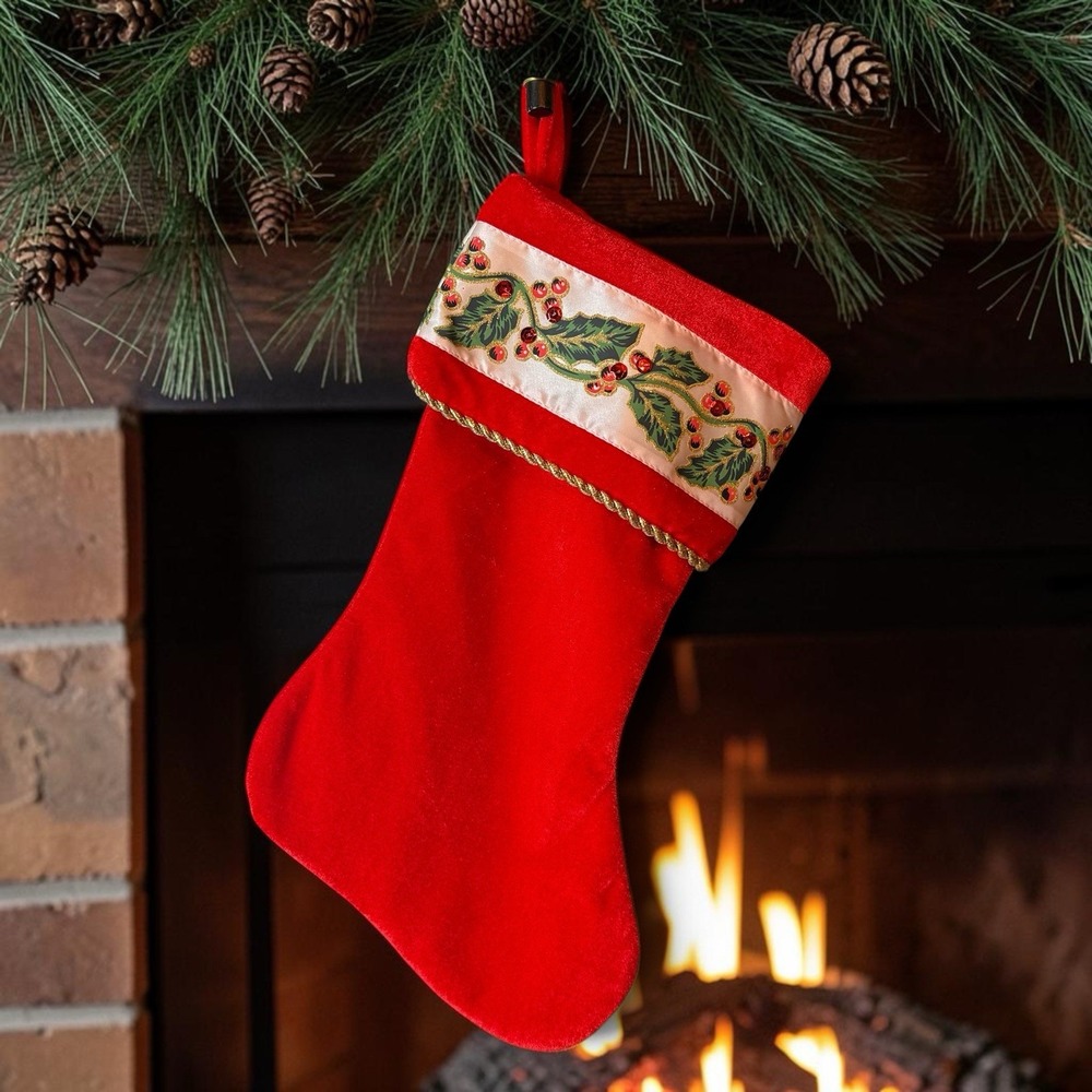 Vintage Velvet Red Green Holly Christmas Stocking Traditional Holiday 16"